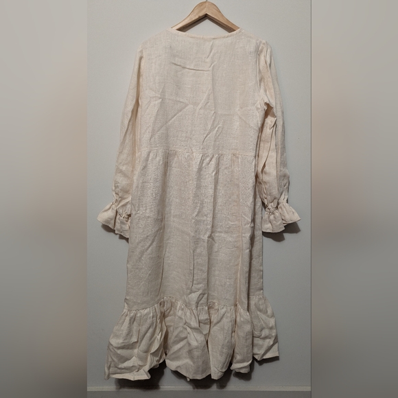 Cream Long Sleeve Linen Ruffle Hem Dress - Picture 2 of 4